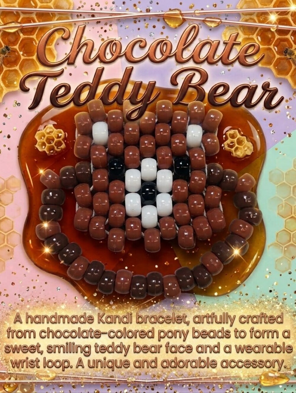 Handmade Chocolate Teddy Bear Kandi Single - Cute Pony Bead Festival Bracelet -